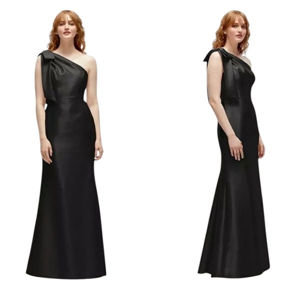 NWT Alfred Sung Bow One-Shoulder Satin Trumpet Gown Black Size 10 - Picture 1 of 14